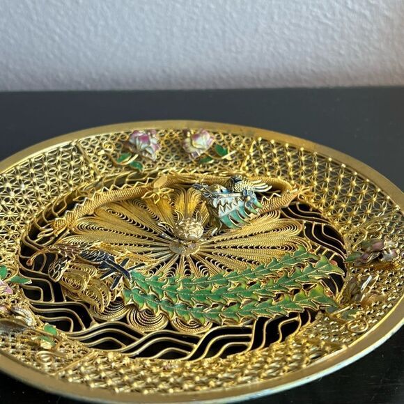 Chinese gold filigree enamel 3D dragon Phoenix decorative plate - Picture 10 of 14